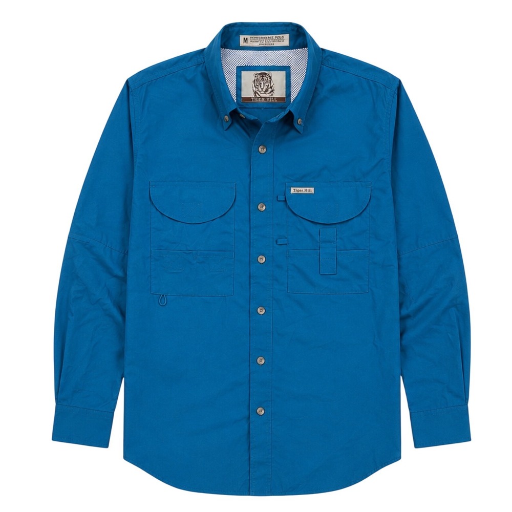 Tiger Hill Mens Performance Fishing Shirt‎ Long Sleeve Ventilated Blue Medium